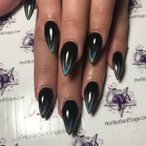 Black Cateye French Tip Nails, Black Cat Eye Nail Ideas, Black Chrome Nails Almond, Black Cateye Nails, Halloween Cat Eye Nails, Black Cat Eye Nails Design, Black Cat Eye Nails, Nail Deaigns, Black Chrome Nails