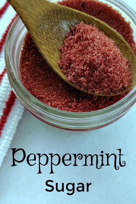 Peppermint Sugar Recipe - Mason Jar Gift with free printable labels #foodgift #masonjar #masonjargift #flavoredsugar #holidaygift #peppermint #peppermintsugar Jar Food Gifts, Mason Jar Gift, Infused Sugar, Friends Recipes, Peppermint Sugar, Homemade Food Gifts, Gift Jar, Mason Jar Meals, Autumn Recipes