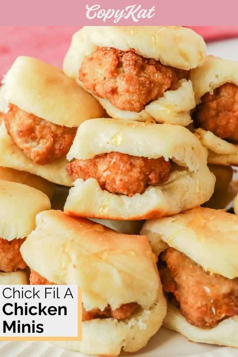 Recreate the magic of Chick Fil A Chicken Minis at home with this quick and easy copycat recipe! Dive into these mouthwatering, air-fried Southern-style chicken nuggets tucked into soft, freshly baked yeast rolls glazed with honey butter. These DIY mini chicken sandwiches are perfect for breakfast or any time you crave a delightful bite. Find out how to make the best chicken minis with a few simple ingredients. Chick Fil A Chicken Minis, Mini Chicken Sandwiches, Chik Fil A Chicken, Honey Butter Chicken Biscuit, Chick Fil A Recipe, Honey Butter Chicken, Chicken Minis, Sandwich Sauces, Chicken And Biscuits