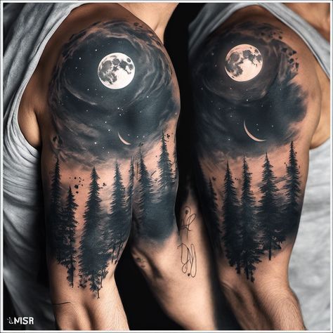 Space Shoulder Tattoos, Dark Shaded Tattoos, Space Chest Tattoo, Moon Tattoo Arm, Moon Tattoo Men, Tommy Tattoo, Moon Shoulder Tattoo, Sebastian Tattoo, Sky Tattoos