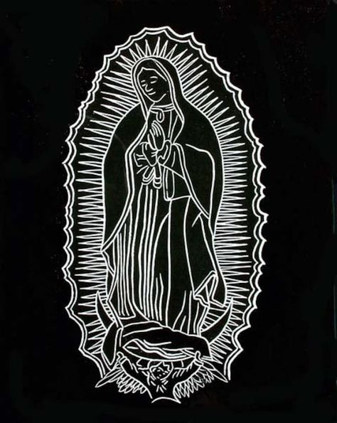 Lino cut of Mexico's iconic patron saint, La Virgen de Guadalupe. Printed black on white or blue on beige archival paper, unframed. Limited edition of 100 prints. Order now for the feast day of Our Lady of Guadalu[pe, December 12th. D Wallpaper Letter Cute, Skincare Labels, Virgin Mary Art, Alex Pics, Mexican Culture Art, Lip Wallpaper, Chicano Art Tattoos, Chicano Drawings, Desain Editorial