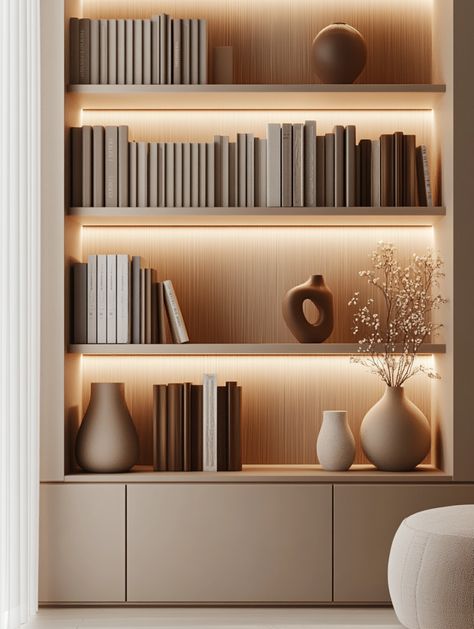 🛋️✨ 15 Stunning Bookshelf Ideas You’ll Fall in Love With! 💖 - Bookshelf Modern Design, Books Shelf Design, Built In Bookshelf Vaulted Ceiling, Playroom Bookshelf Ideas, Book Shelves Next To Fireplace, Built In Shelves Library, Backlit Bookshelves, Library Room Ideas Modern, Built In Shelving Living Room