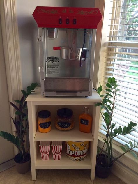 Popcorn Area In House, Popcorn Bar Home, Popcorn Bar At Home, Popcorn Machine Stand Ideas, Home Popcorn Station, Popcorn Machine In Home Decor, Popcorn Station Home, Popcorn Stand Ideas, Movie Room Design