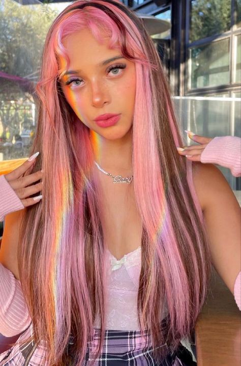 Doux Fairy Hair, Long Hair Dye Ideas Brown, Pretty Colored Hair, Fairy Hair Colors, Fairy Hair Color Ideas, Douxfairy Hair, Half Pink Half Brown Hair, Pretty Dyed Hair, Fairy Hair Color