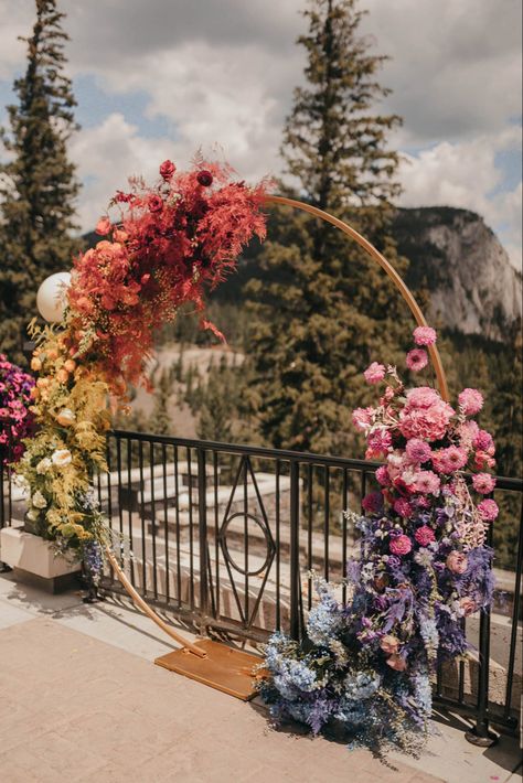 Circle Arbor Wedding, Wedding Circle Arch, Blomme Rangskikkings, Rainbow Wedding Flowers, Birch Tree Wedding, Circle Arch, Wedding Arbors, Fairmont Banff Springs, Fairmont Banff