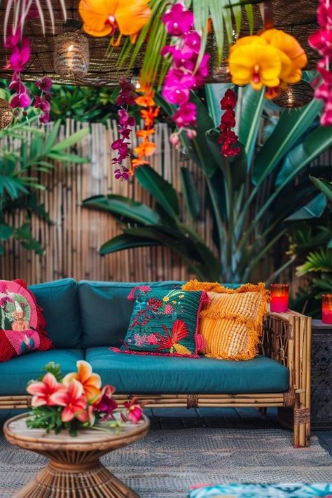 Backyard Tiki Ideas for Tropical Vibes at Home Hawaiian Patio Ideas, Tiki Bar Color Palette, Tropical Lanai Ideas, Tropical Jungle Garden, Tiki Interior Design, Tiki Home Decor, Tropical Small Backyard, Tiki Garden Ideas, Tiki Backyard Ideas