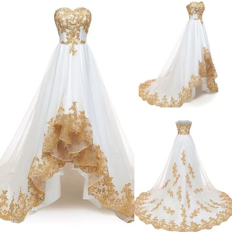 High Low Wedding Dresses White and Gold Lace Appliques Sweetheart Bridal Gowns | eBay White And Gold Wedding Dresses, Sun Themed Wedding Dress, Beauty And The Beast Wedding Dress, White And Gold Wedding Dress, Belle Wedding Dress, High Low Wedding Dresses, High Low Wedding Dress, Purple Turquoise Wedding, White And Gold Dress