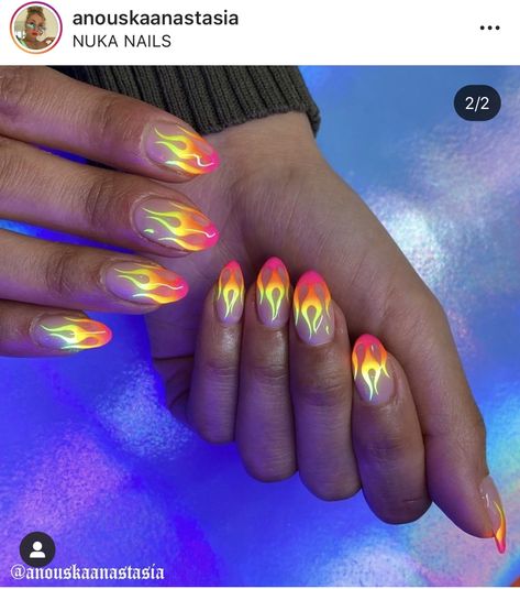 Neon Flames Nails, Neon Flame Nail Art, Rainbow Flame Nails, Short Flame Nails, Orange Flame Nails, Chrome Flame Nails, Neon Flames, Gel Summer Nails, Acrylic Nails For Summer