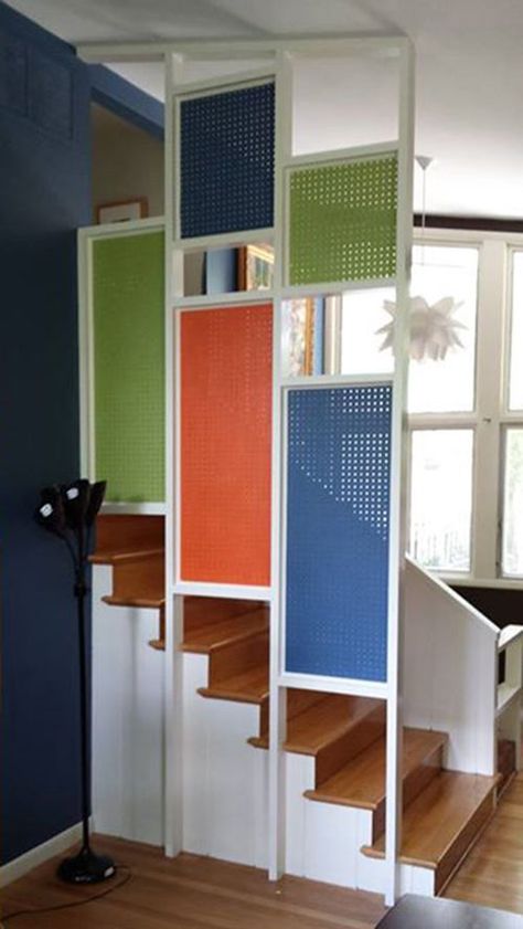 Dennis' colorful, affordable pegboard room divider - Retro Renovation Pegboard Room, Mid Century Room Divider, Temporary Room Dividers, Room Divider Shelves, Portable Room Dividers, Glass Room Divider, Bamboo Room Divider, Sliding Room Dividers, Modern Room Divider