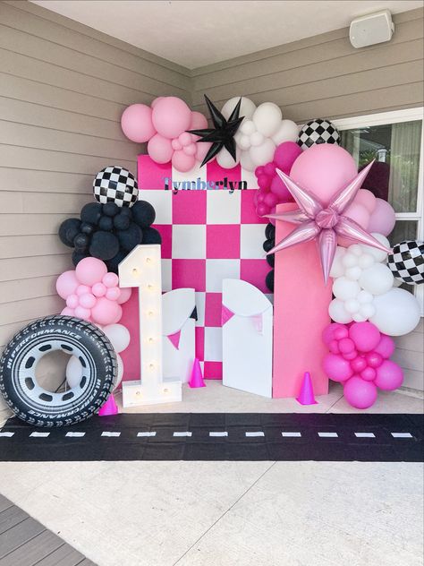 Pink Hot Wheels Party, Pink Car Birthday Party, Barbie Race Car Party, Pink Race Car Cake, 2 Fast Birthday Party Girl, Pink Race Car Birthday Party Ideas, Need Four Speed Birthday Theme Girl, Two Fast Two Furious Birthday Girl, Ruffles Or Racecars