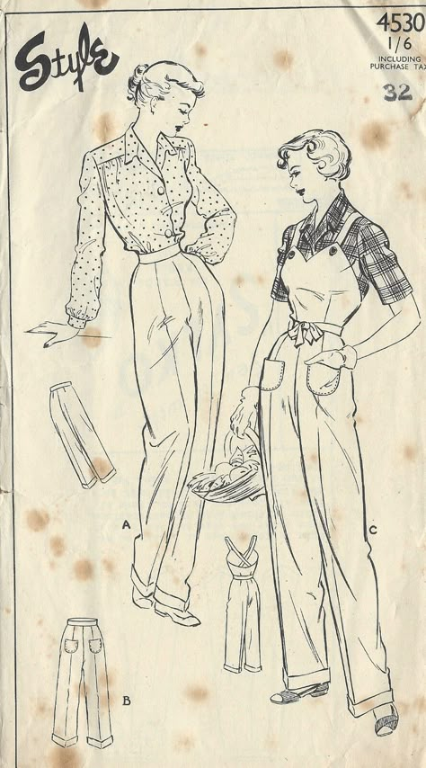 1940s Vintage Sewing Pattern B38-W32 DUNGAREES-PANTS-TROUSERS (1314) | eBay Goth Corporate, Drawing Embroidery, Super Pictures, Vintage Vogue Sewing Patterns, Vintage Dress Patterns, Vintage Trousers, Motif Vintage, Retro Mode, Fashion Sewing Pattern