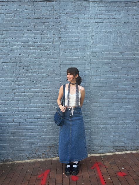 denim maxi skirt, summer outfit inspo, docs, doc marten, mary janes, mary janes outfit, mini scarf Long Denim Skirt Doc Martens Outfit, Denim Skirt Doc Martens Outfit, Maxi Skirt And Mary Janes, Doc Martens With Long Skirt, Maxi Skirt Outfit Vintage, Denim Maxi Skirt Fall, Denim Skirt Mary Janes, Chunky Mary Janes Outfit Jeans, Mary Janes With Jeans Outfit