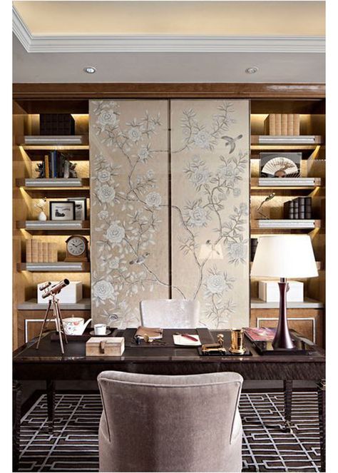 Library Hidden Desk Chinese Interior Design, Chinese Interior, Home Theaters, Wall Panel Design, Real Estat, Desk And Chair, Asian Homes, Asian Home Decor, Asian Decor