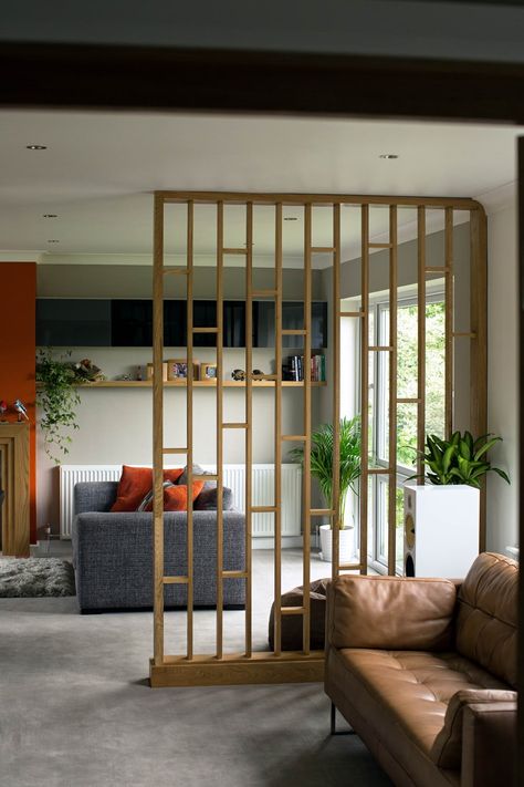 Bespoke Oak Room Divider And Doors - Waterhall Joinery Ltd Slats Divider, Mid Century Screen, Green Room Movie, Maroon Room, Bamboo Divider, Entrance Shoe Cabinet, Room Division, Container Van House, Room Dividing