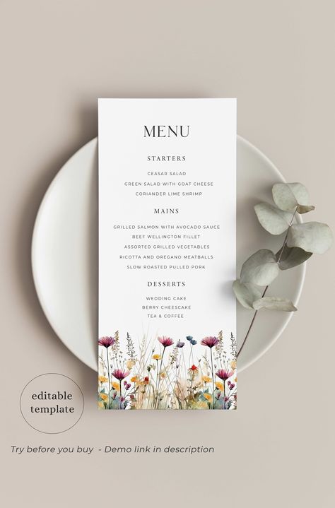 Wildflower Wedding Menu Editable Template - Edit, Download & Print Today ⭐MATCHING ITEMS: https://www.etsy.com/uk/shop/AmbrosiaPrints?search_query=WF3 ▶Try Before You Buy - https://www.corjl.com/d/205OL9 Size - 4x9" ▶How it works? *Access the template using the link in your email from Corjl.com *Edit on phone, tablet or computer (Computer is recommended) *Download & print ▶You can change: text, fonts, font colors, background color ▶You can not change: graphics; size & orientation of the invitati Table Cards For Wedding, Wedding Flowers Template, Wildflower Dessert Table, Wildflower Color Palette Wedding, Menu For Wedding, Wedding Stationary Design, Wedding Table Menus, Menu Wedding, Colors Background