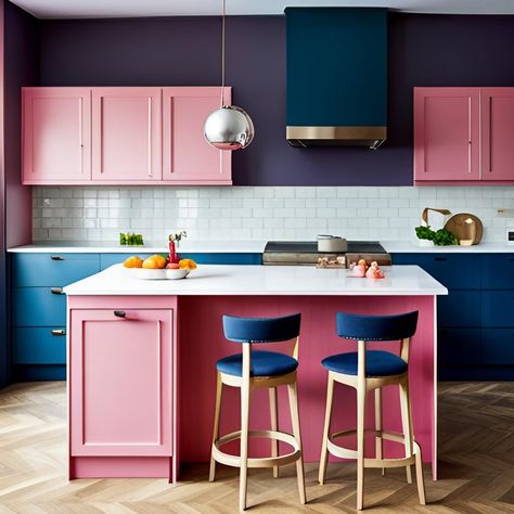 Navy Kitchen Ideas: The Complete Handbook for Stylish Spaces Navy Blue And Pink Kitchen, Pink Blue Kitchen, Pink And Navy Kitchen, Blue And Pink Kitchen, Coastal Gothic, Pink And Blue Kitchen, Navy Kitchen Ideas, Navy Blue Backsplash, Kitchen Worktop Ideas