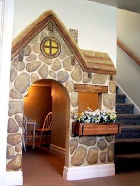 Cottage Facade, Under Stairs Playhouse, Room Under Stairs, Playroom Mural, Indoor Playhouse, Daycare Room, Build A Playhouse, Under The Stairs, Dog House Diy