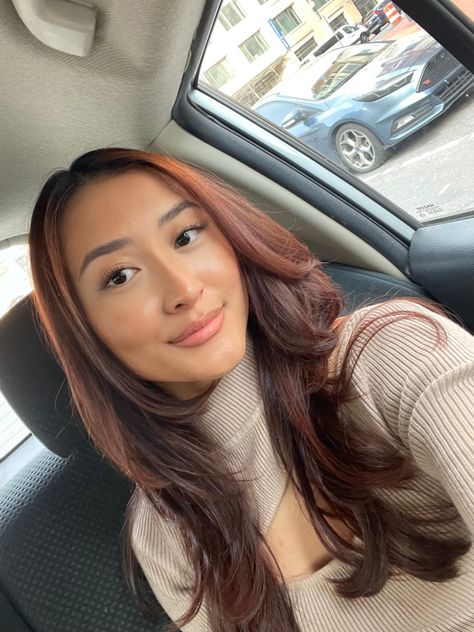 Brunette Auburn Hair Balayage, Hair Color 2023 Asian, Auburn Hair Color Tan Skin, Red To Copper Hair, Copper Hair Streaks, Ginger Asian Hair, Asian Copper Hair Balayage, Deep Brown Copper Hair, Asian Dyed Hair Brown