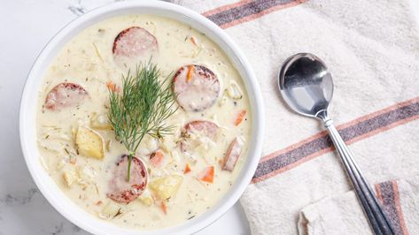 Creamy Kraut and Sausage Soup New York Dog Recipe, Kraut And Sausage, Collard Dip Recipe, Collard Dip, New York Dog, Pastrami Recipe, Sauerkraut Soup, Sausage Soup Recipes, York Dog