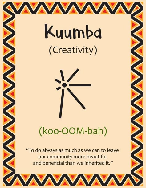 A card with one of the Kwanzaa principles. Symbol Kuumba means Creativity in Swahili. Poster with sign and description. Ethnic African pattern in traditional colors. Vector illustration Kuumba Kwanzaa, Soulaan Culture, African Culture Art, African Illustration, Kwanzaa Celebration, Kwanzaa Activities, Kwanzaa Principles, Happy Kwanzaa, Vector Brush