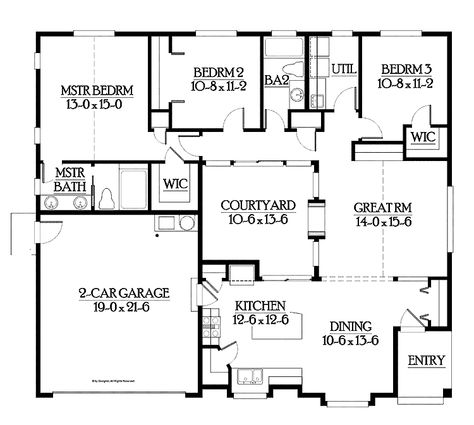 Home Plans HOMEPW05342 - 1,552 Square Feet, 3 Bedroom 2 Bathroom Craftsman Home with 2 Garage Bays Small House Plans With Courtyard, House Plans With An Atrium, Small House With Courtyard Floor Plans, Cottage With Courtyard, Small Courtyard House Plans, House Plans With Atrium, Atrium House Plans, Central Courtyard House Plans, Small Master Closet