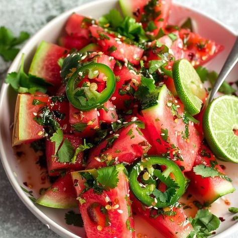 Spicy Watermelon, Lime Salad, Cilantro Salad, Juicy Watermelon, Watermelon Salad, Light Desserts, Lime Dressing, Chili Lime, Summer Barbecue