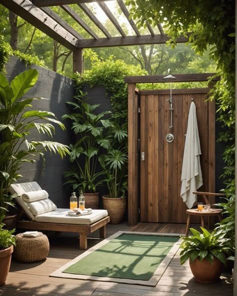 Tropical Outdoor Shower Ideas, Rustic Outdoor Shower Ideas, Outdoor Toilet And Shower Ideas, Rustic Showers, Outdoor Bath House, Wooden Shower Bench, Outdoor Toilet And Shower, Outdoor Shower Inspiration, Stone Shower Floor