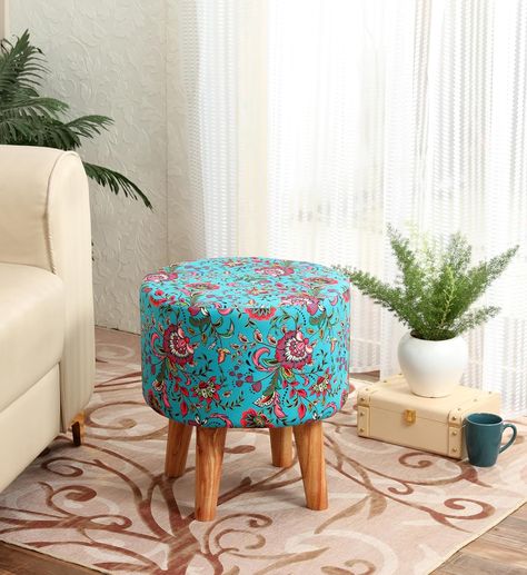 SR Printed Sitting Stool for Living Room Decoration Furniture Ottoman Wooden Pouffes for Sitting Puffy Footrest Ottoman Stool for Home Décor, Pouffie Dressing Table Stool, 16x16x17 Inches, Floral End Of Bed Seating, Sitting Stool, Stool For Living Room, Dressing Table Stool, Dorm Living Room, Dorm Living, Printed Chair, Office Room Decor, Blue Floral Top