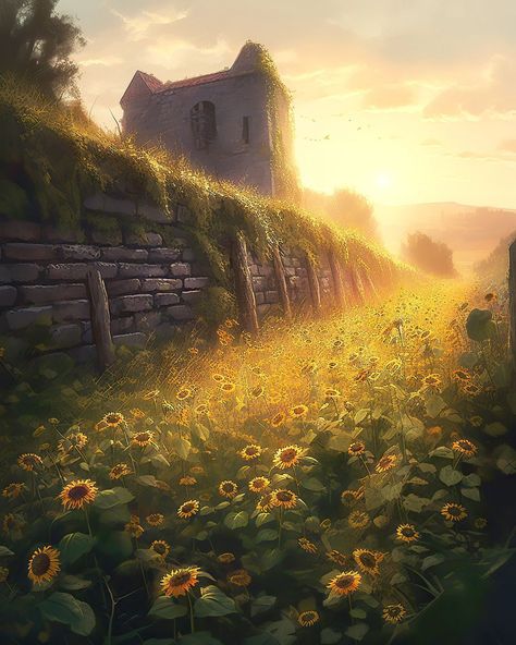 Meadow Fantasy Art, Fantasy Inspo, A Field Of Flowers, Fantasy Concept, Field Of Flowers, Sunflower Field, Fantasy City, Fantasy Setting, Fantasy Places