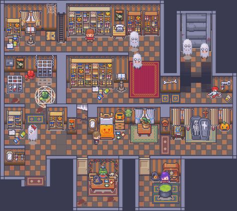 Halloween party - 16x16 top-down pixel art, Edoardo Zuliani on ArtStation at https://www.artstation.com/artwork/WKreVQ Rpg Tileset, Pixel Room, Top Down Game, Game Level Design, Pokemon Rpg, Indie Game Art, Art Restaurant, Pixel Art Tutorial, 2d Game Art