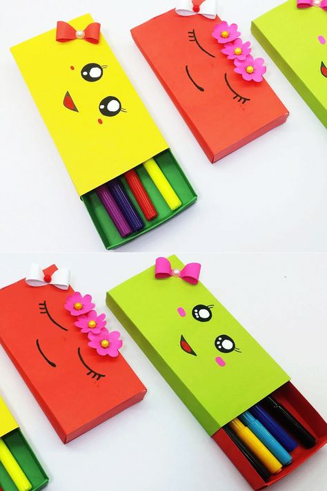 Diy Gift Box Ideas Birthday, Pencil Box Ideas, Pencil Case Organization, Box Making Tutorial, Aesthetic Origami, Diy Gift Box Ideas, Origami Pencil, Pencil Case Crafts, Kids Pencil Box