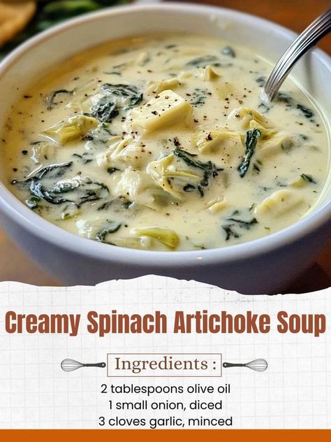 Spinach Artichoke Soup, Spinach Artichoke Recipes, Cream Of Spinach Soup, Artichoke Heart Recipes, Green Bean Salad Recipes, Artichoke Soup, Soup Ingredients, Vegetable Prep, Soup Easy