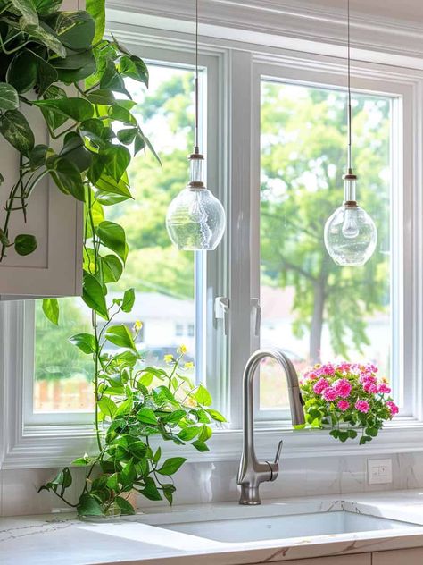 Kitchen Window Greenery, Kitchen Window Sink Ideas, Lighting Above Kitchen Sink Window, Over Sink Lighting Kitchen, Kitchen Sink Window Ideas, Kitchen Window Decor Over Sink, Kitchen Window Garden, Warm Lamps, Kitchen Window Plants