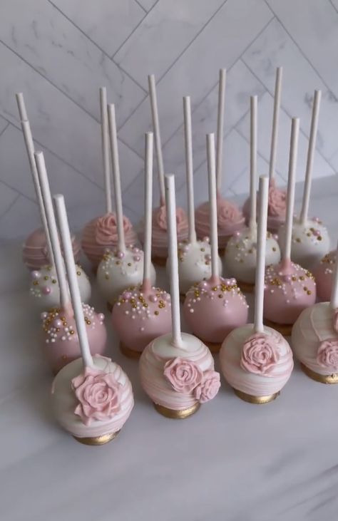 Pink And Gold Cakepops, Pink White And Gold Cake Pops, Blush Pink Cake Pops, Cake Pop Quinceañera, Blush Cake Pops, Pink Champagne Cake Pops, Quinceanera Cake Pops, Wedding Dessert Cake Pops, Dusty Pink Cake Pops