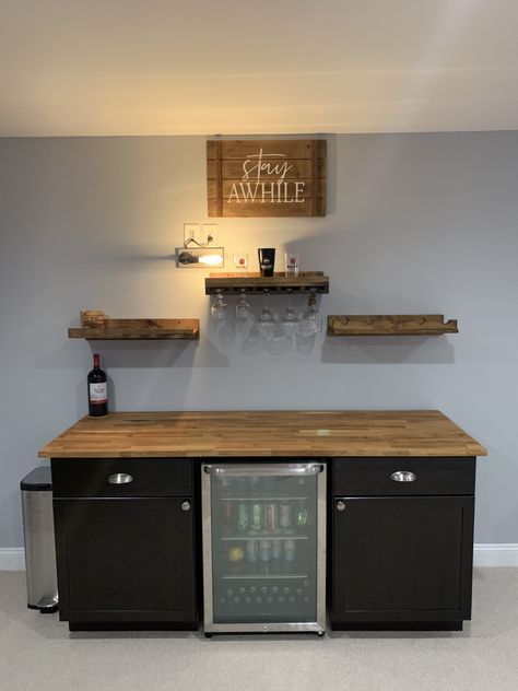 Basement Bar With Mini Fridge, Liquor Room Ideas, Diy Mini Bar With Fridge, Loft Kitchenette, Dry Bar Ideas Basement, Bar With Mini Fridge And Wine Cooler, Basement Bar With Sink And Mini Fridge, Liquor Room, Small Basement Wet Bar With Full Size Fridge