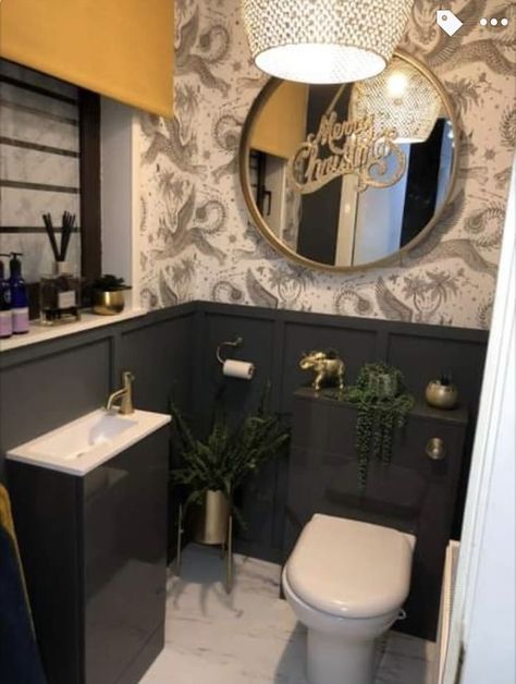 Small Toilet Decor, Luxury Small Bathroom, Small Downstairs Toilet, Small Bathroom Wallpaper, Cloakroom Toilet, Toilet Ideas, Toilet Room Decor, Bathroom Paneling, Small Toilet Room