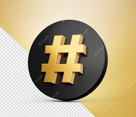 Premium PSD | Gold hashtag sign with black circle on white background 3d illustration Hashtag Sign, Black Circle, Background 3d, 3d Illustration, Graphic Resources, White Background, Signs, Gold, White