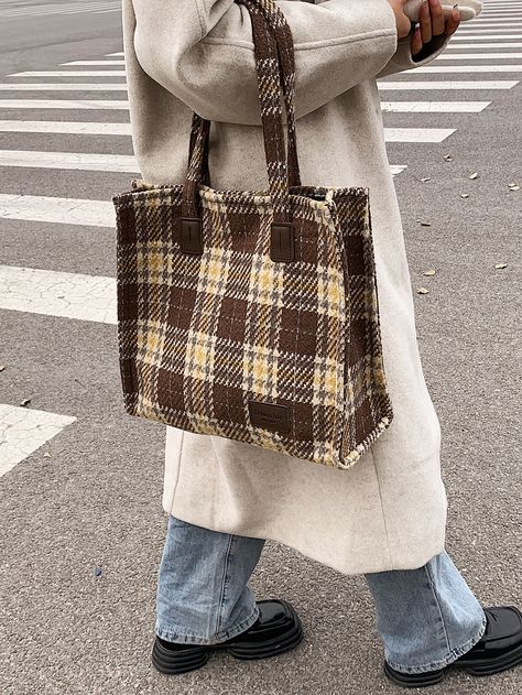 Multicolor Fashionable Collar  Polyester Plaid Shoulder Tote Bag Embellished   Women Bags Winter Handbags, Floral Bags, Tote Bag Pattern, Vintage Plaid, Fabric Bag, Shoulder Tote Bag, Shoulder Tote, Printed Tote Bags, Womens Tote