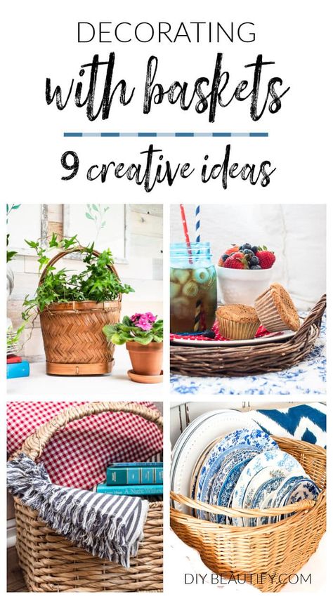 Whether thrifted or store bought, baskets can be incorporated into your home decor and be both functional and decorative! Here are 9 creative ideas for decorating with baskets. What To Put In Decorative Baskets, Basket With Handle Decor Ideas, Large Basket Decor Ideas, Small Basket Decor, Wicker Basket Decor Ideas, How To Decorate With Baskets, Decor With Baskets, Decorating With Baskets, Uses For Baskets