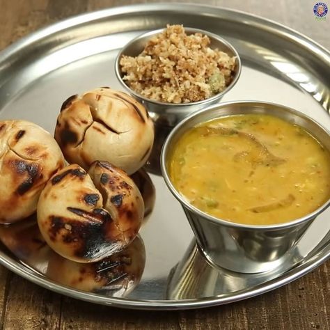 Dal Bati Churma is a famous Rajasthani main course recipe where Dal is prepared using 5 different lentils and Bati is... Dal Bati Recipe, Dal Bati Churma, Hari Om, Dp Stylish, Sweet Dishes Recipes, Main Course Recipes, Interesting Food, Food List, Snap Food