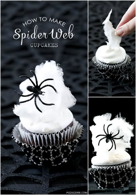 How to make cute spider web cupcakes with cotton candy! Pizzazzerie.com Make Spider Web, Spider Web Cupcakes, Pasteles Halloween, Spider Cupcakes, Postres Halloween, Halloween Chic, Dessert Halloween, Halloween Sweets, Halloween Baking