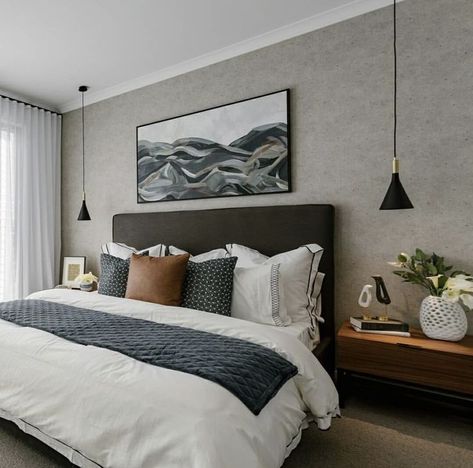 Grey Bed With Wallpaper, Dark Gray Bed Frame Room Ideas, Grey Headboard Brown Bedding, Brown White Grey Bedroom, Bedroom Decor Dark Bed Frame, Master Bedrooms Dark Grey Bed, Neutral Bedding Grey Headboard, Grey Bed With Accent Wall, Dark Gray Bed Bedroom Ideas