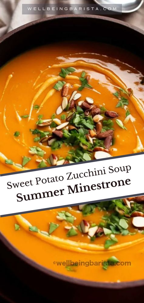 Nothing feels better than this warm hearty sweet potato courgette soup when your energy levels are low and you want a quick nutritious meal for the family. Summer Minestrone, Quick Nutritious Meals, Courgette Soup, Sweet Potato Zucchini, Potato Zucchini, Chicken Satay Skewers, Zucchini Soup, Sweet Potato Spinach, Peanut Butter Sauce