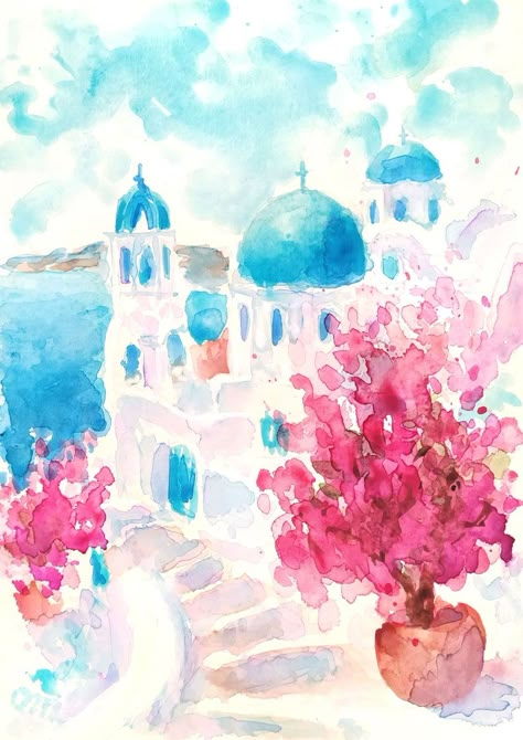 Greece Watercolor, Cute Summer Wallpapers, Wallpaper Iphone Summer, Whatsapp Wallpaper, Iphone Wallpaper Photos, Preppy Wallpaper, Phone Wallpaper Patterns, Arte Inspo, Santorini Greece