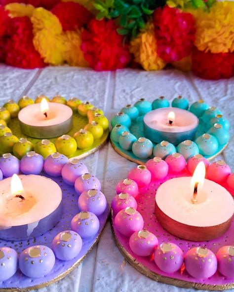 I crafted a tea light candle holders using air dry clay and mini round mirrors. After smoothing the surface with sandpaper, I painted some cute Pastel Colours 😍 @hobbyideasindia Now, I have a beautiful handmade tea light candle holders 🌟🪔 Clay from:- @shapease_clay @icraft_design Mirrors:- @crystalindia (all time favourite) Hope you like this video❤️ Let me know if you have any questions 😃 . . . (Diwali diy, Diy tea light holder, Diy candle holder, Clay art, Clay craft, Clay art work, Te... Diy Clay Tea Light Holder, Tea Light Holder Clay, Air Dry Clay Tealight Holder, Tea Candle Holders Diy, Candle Holders Clay, Light Holder Diy, Tea Light Holder Diy, Clay Tea Light Holder, Polymer Clay Candle Holder