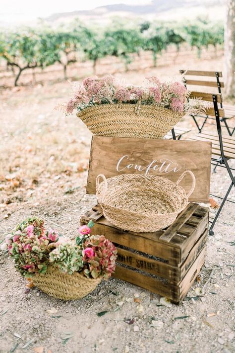 Confetti Box Wedding, Wedding Confetti Basket, Rustic Basket Decor, Confetti Basket Wedding, Wicker Basket Wedding Decor, Wicker Wedding Decor, Astilbe Wedding Bouquet, Baskets Wedding Decor, Astilbe Wedding