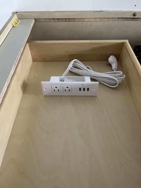 How to Turn Any Drawer into a Charging Drawer Charging Station In Kitchen, Charging Drawer Diy, Kitchen Charging Station Ideas, Drawer Charging Station, Diy Charging Drawer, Charging Drawer, In Drawer Charging, Outlet In Drawer, Charging Drawer In Kitchen