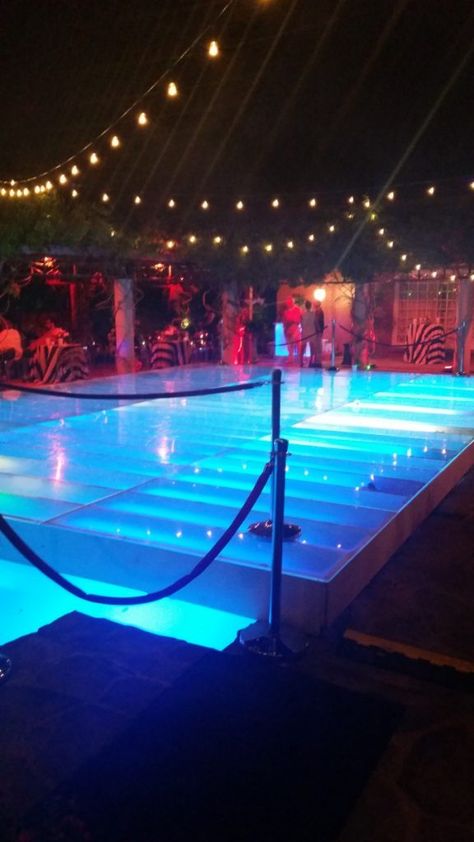 Dance Floor Over Pool, Pool With Lights, Swimming Wedding, Backyard Wedding Pool, Pool Wedding Decorations, Backyard Firepit Area, Pool Dance, Pool Lighting, Amazing Pools