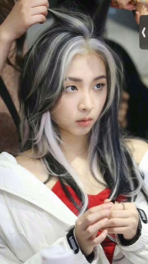 White Streak In Hair, White Hair Highlights, Black White Hair, Skunk Hair, Korean Hair Color, Hair Color Streaks, Hair Streaks, Selling Digital Products, Pretty Hair Color