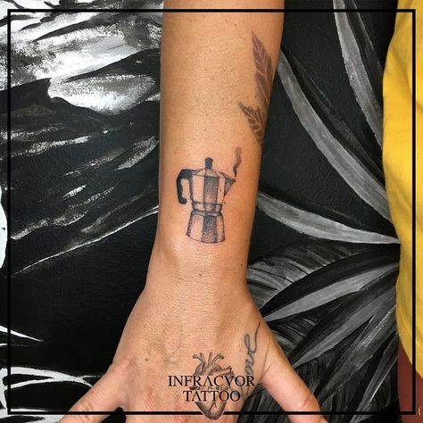 Moka coffee illustration tattoo Moka Pot Tattoo, Micro Realism Tattoo, Pot Tattoo, Baking Tattoo, Micro Realism, Small Neck Tattoos, Define Art, Tattoo Filler, Laser Removal